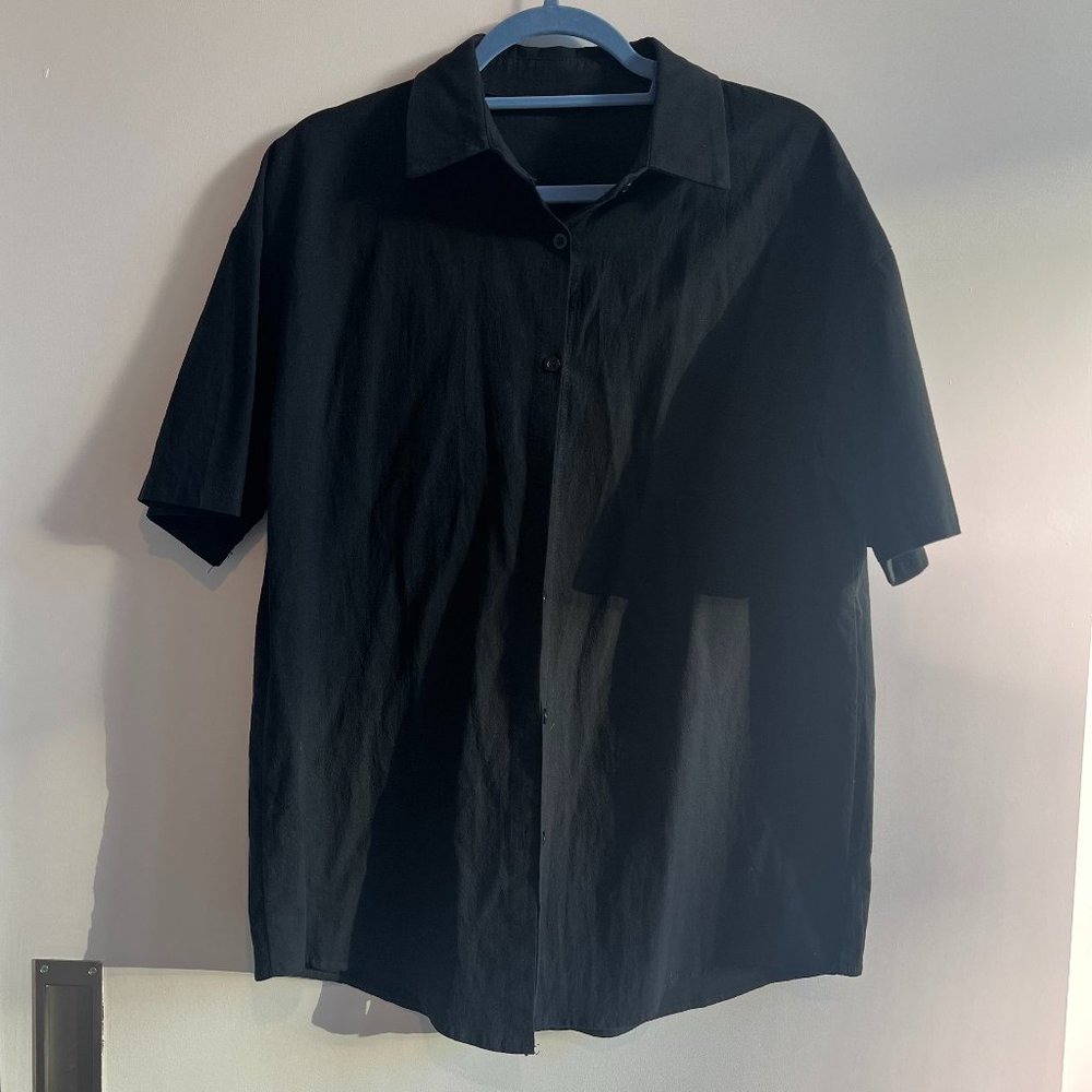 Black Linen Short Sleeve Button Down, Boyfriend Style